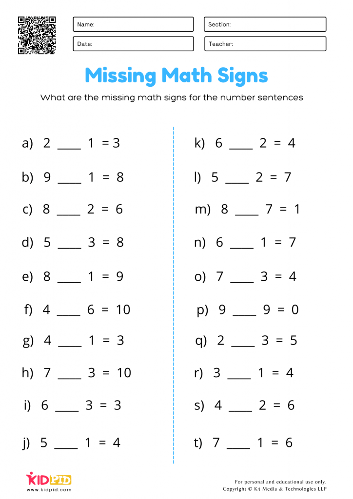 Plus Minus Equal Worksheet Kindergarten