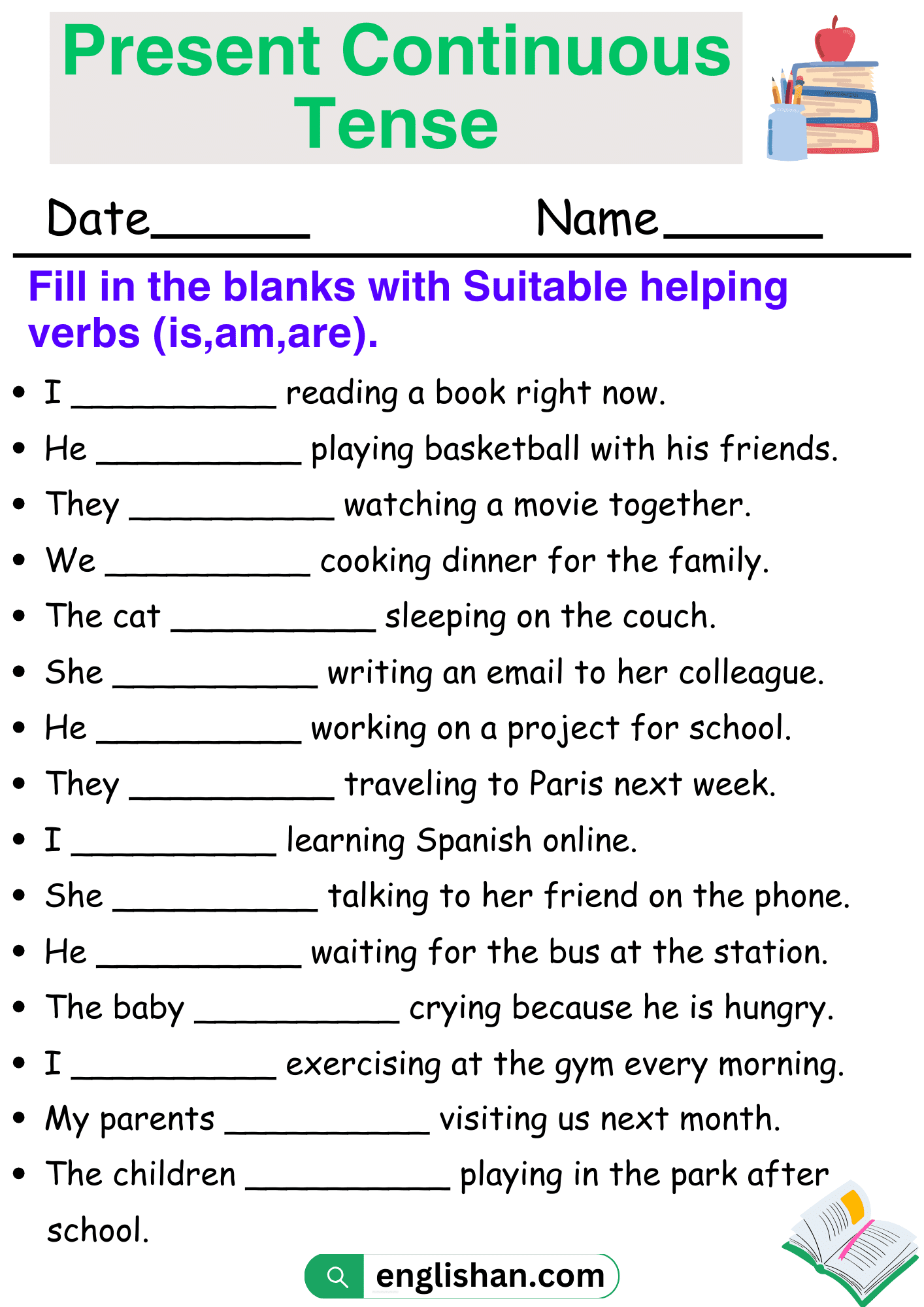 Present Continuous Tense Worksheets And Exercises With Answers