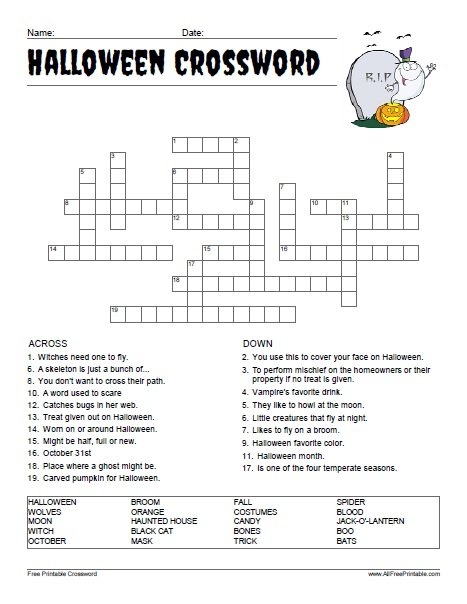 Print Halloween Crossword Puzzle Free Printable