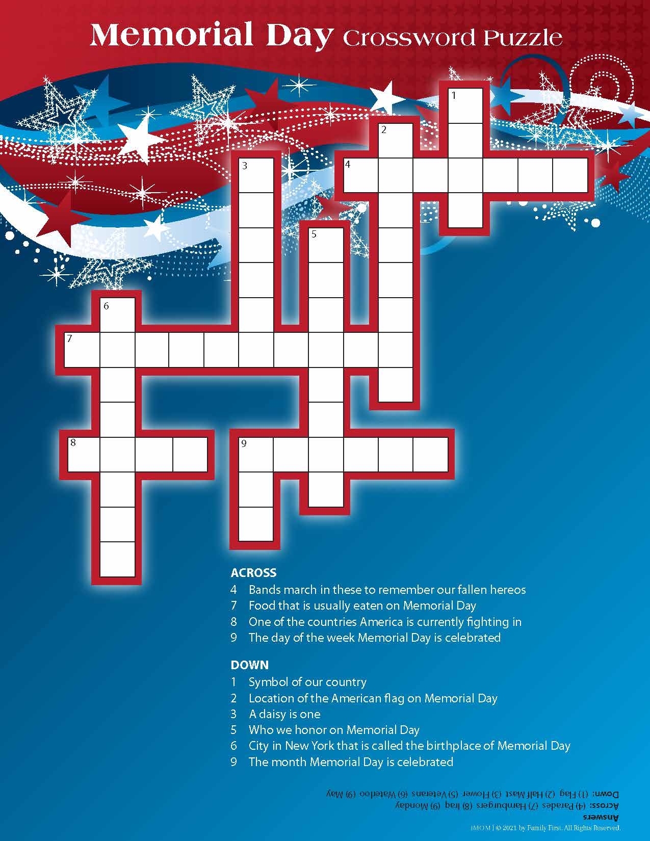 Printable Crossword Puzzles Memorial Day