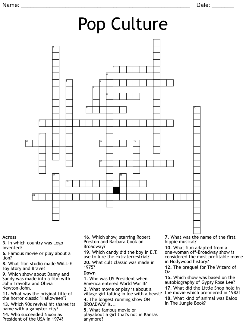 Printable Pop Culture Crossword Puzzles