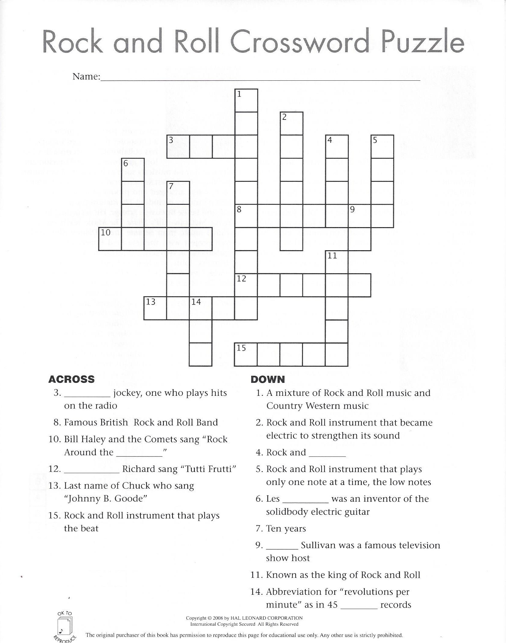 Printable Rock And Roll Crossword Puzzles Printable Crossword Puzzles