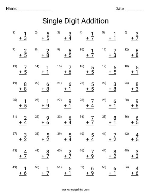Printable Single Digit Addition Worksheet WorksheetPrints
