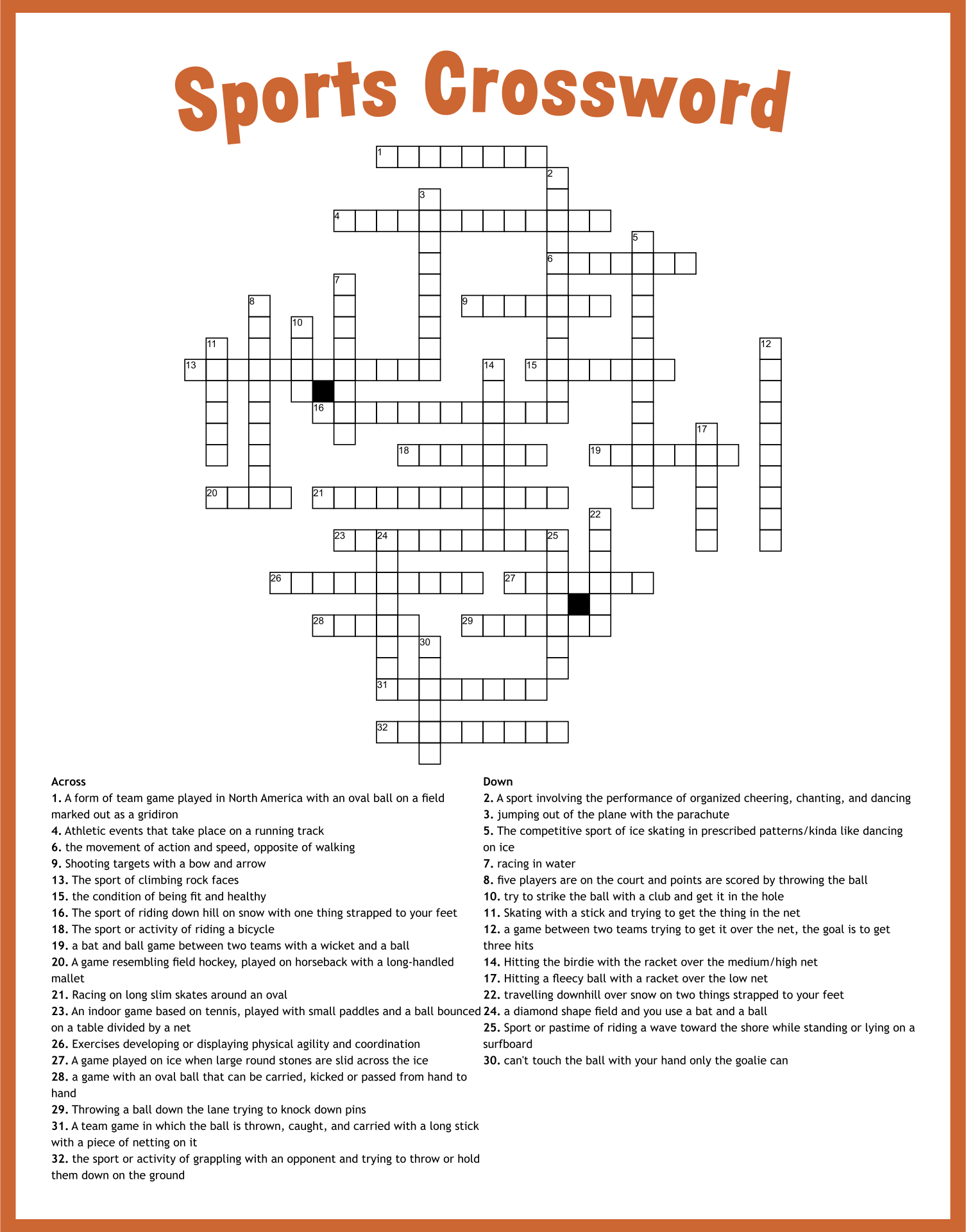 Printable Sports Crossword Puzzles
