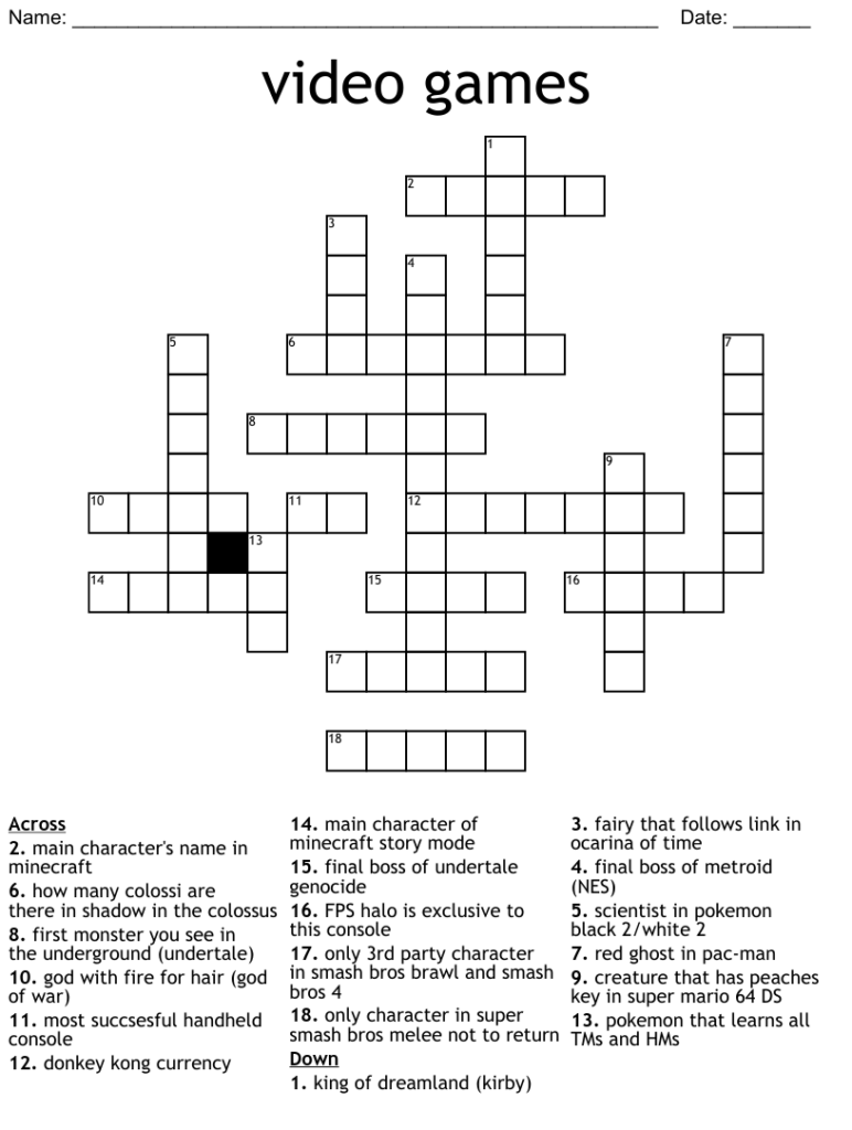 Printable Video Game Crossword Puzzles Free Crossword Puzzles Printable