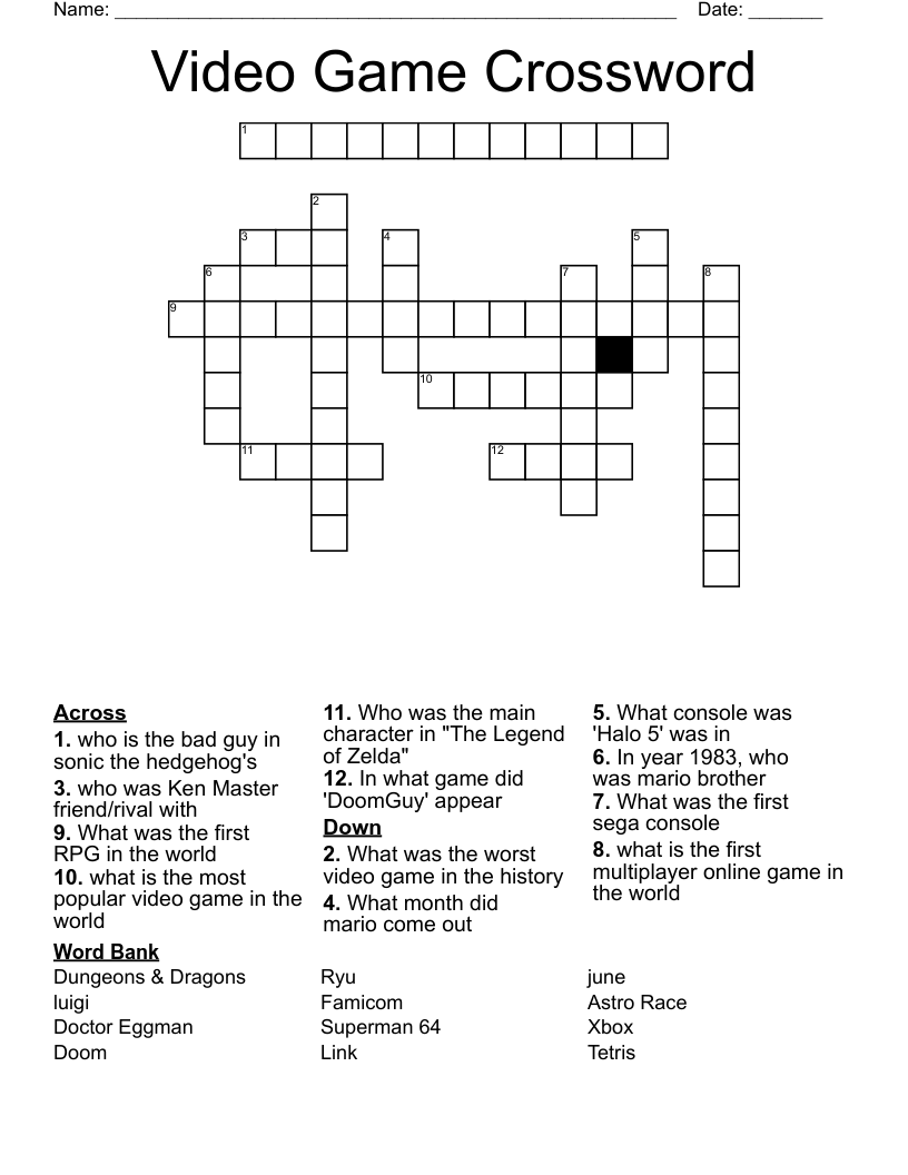 Printable Video Game Crossword Puzzles Printable Crossword Puzzles 