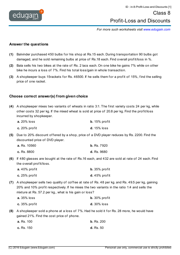 Profit And Loss Worksheet For Class 4