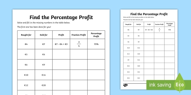 Profit Worksheet For Kids