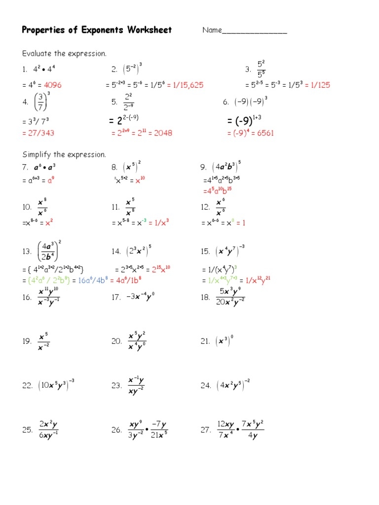 Properties Of Exponents Worksheet 4 A 2 B 1 x Y Download