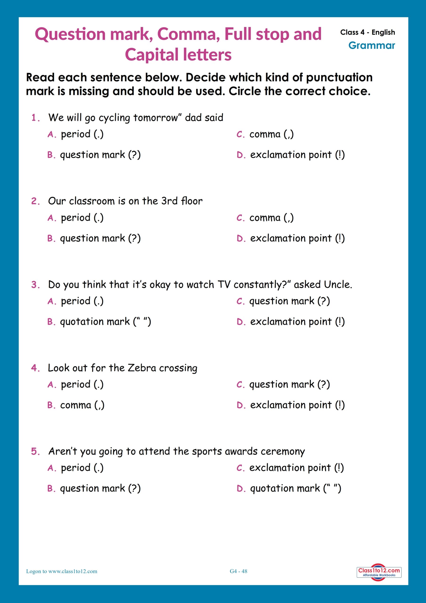 Punctuation Worksheet For Class 4 Class1to12 Worksheets Library