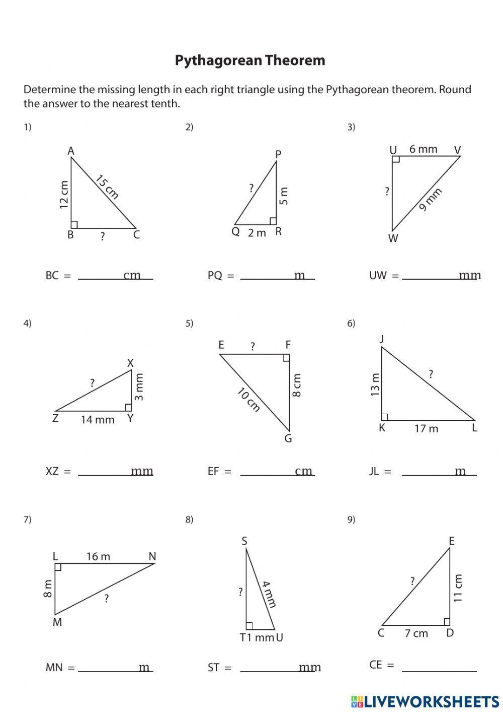 Pythagorean Theorem Exercise Live Worksheets Worksheets Library