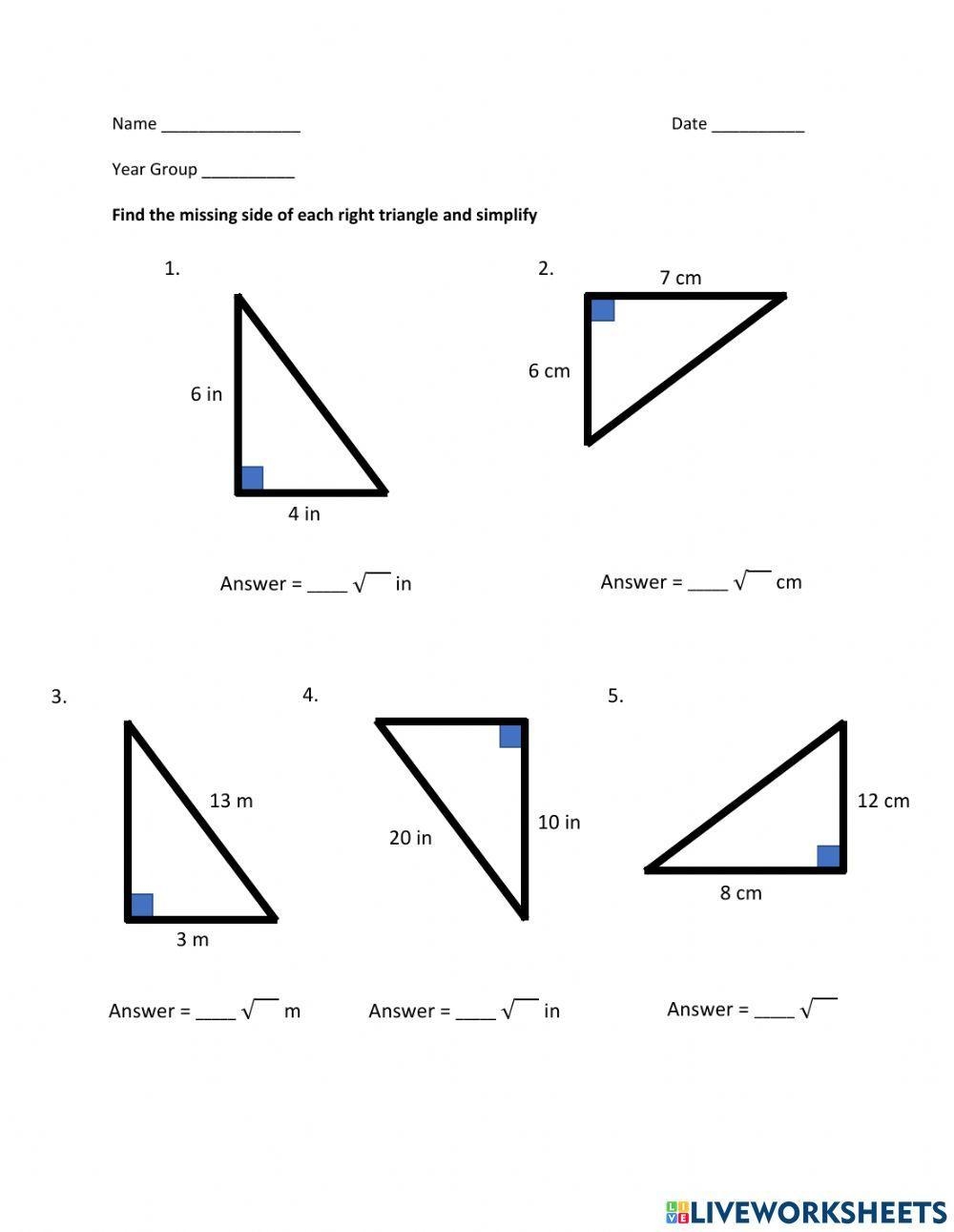 Pythagorean Theorem Find Missing Side Square Roots Worksheet 