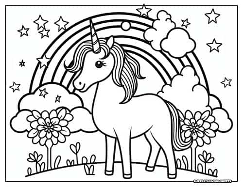 Rainbow Unicorn Colouring Pages