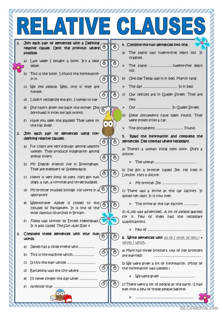 Relative Clauses Worksheet English ESL Worksheets Pdf Doc