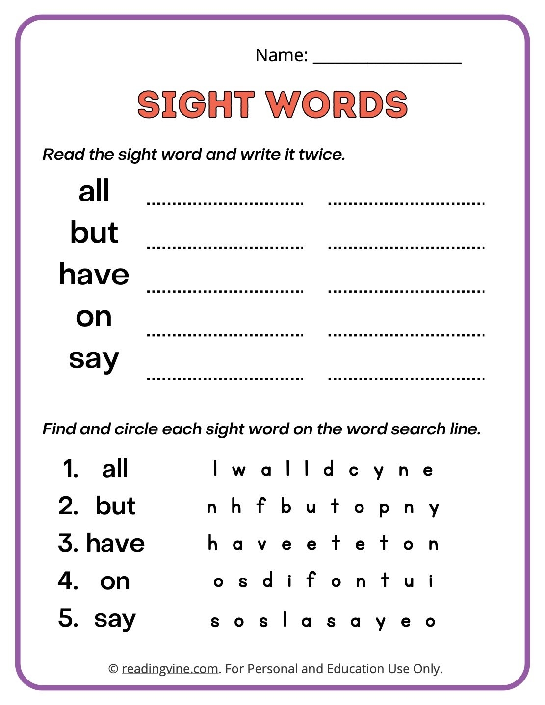 Second Grade Sight Words Worksheets