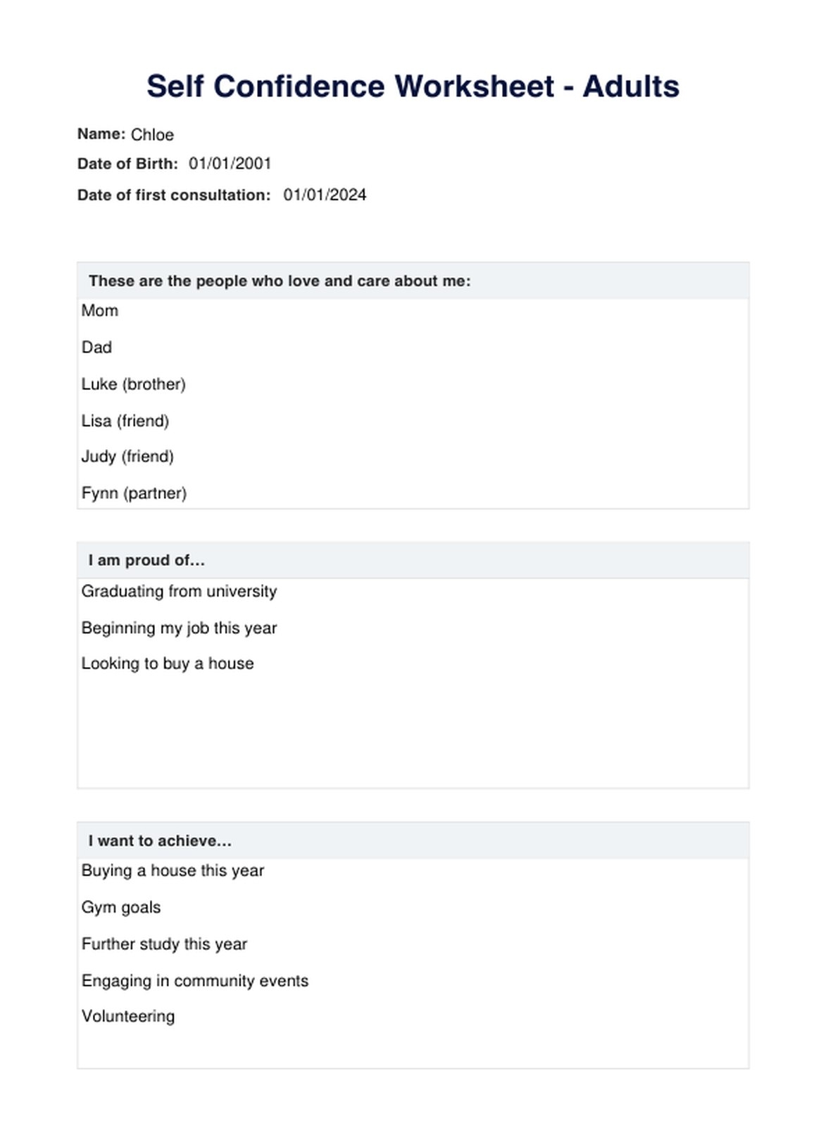 Self Confidence Worksheets For Adults