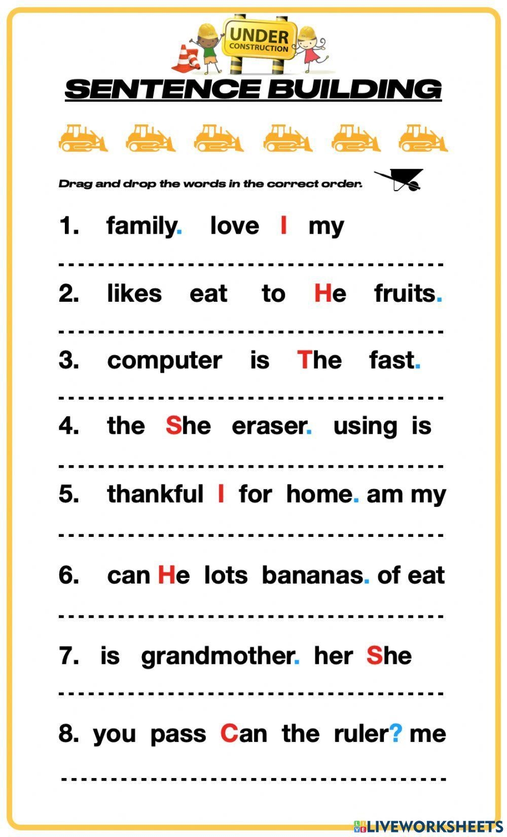 Sentence Building English As A Second Language ESL Worksheet 