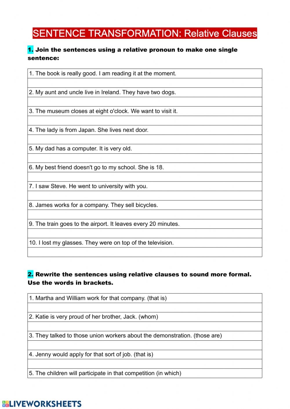 Sentence Transformation Relative Clauses Worksheet Sentenceworksheets