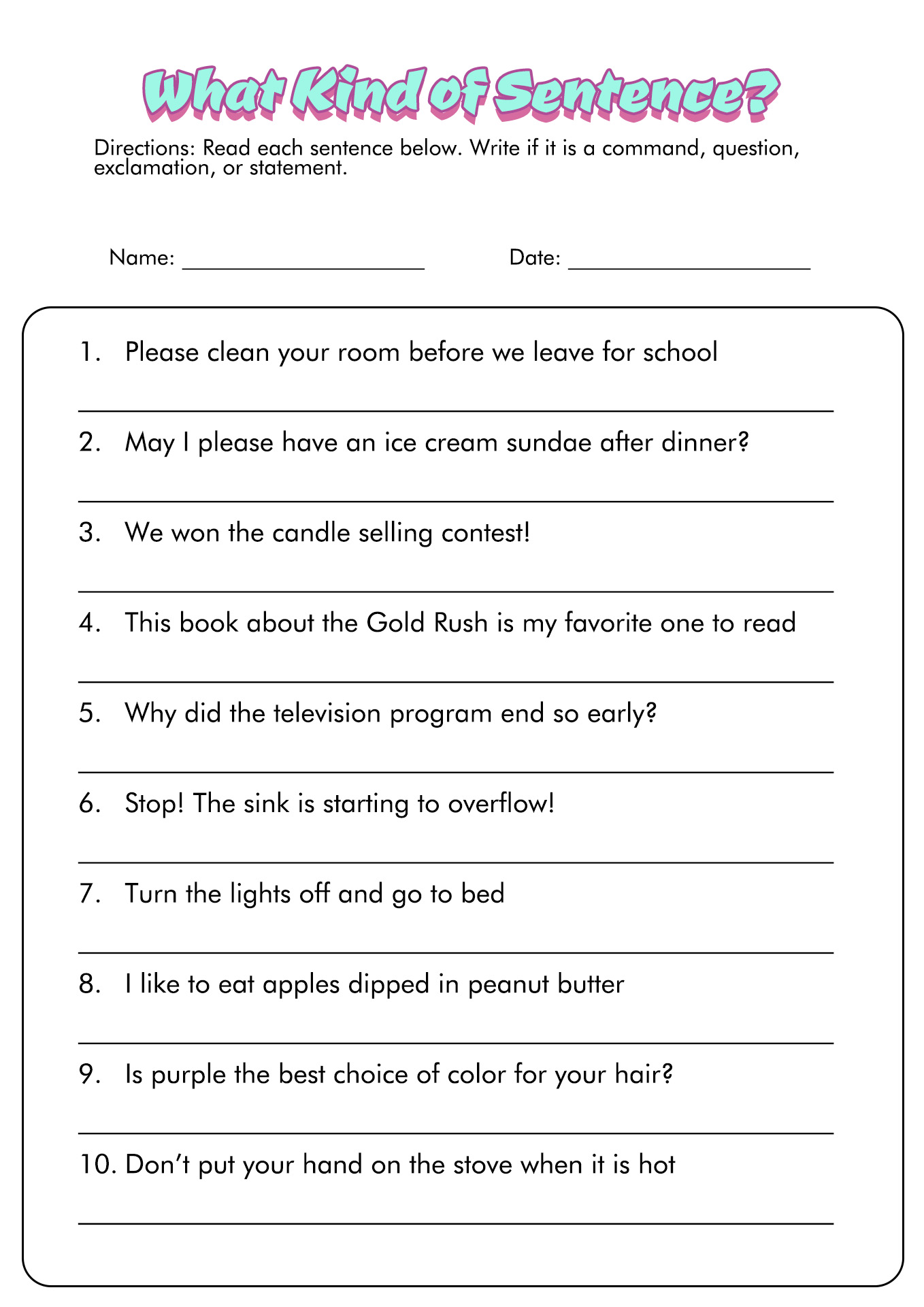 Sentence Types Worksheet SentenceWorksheets