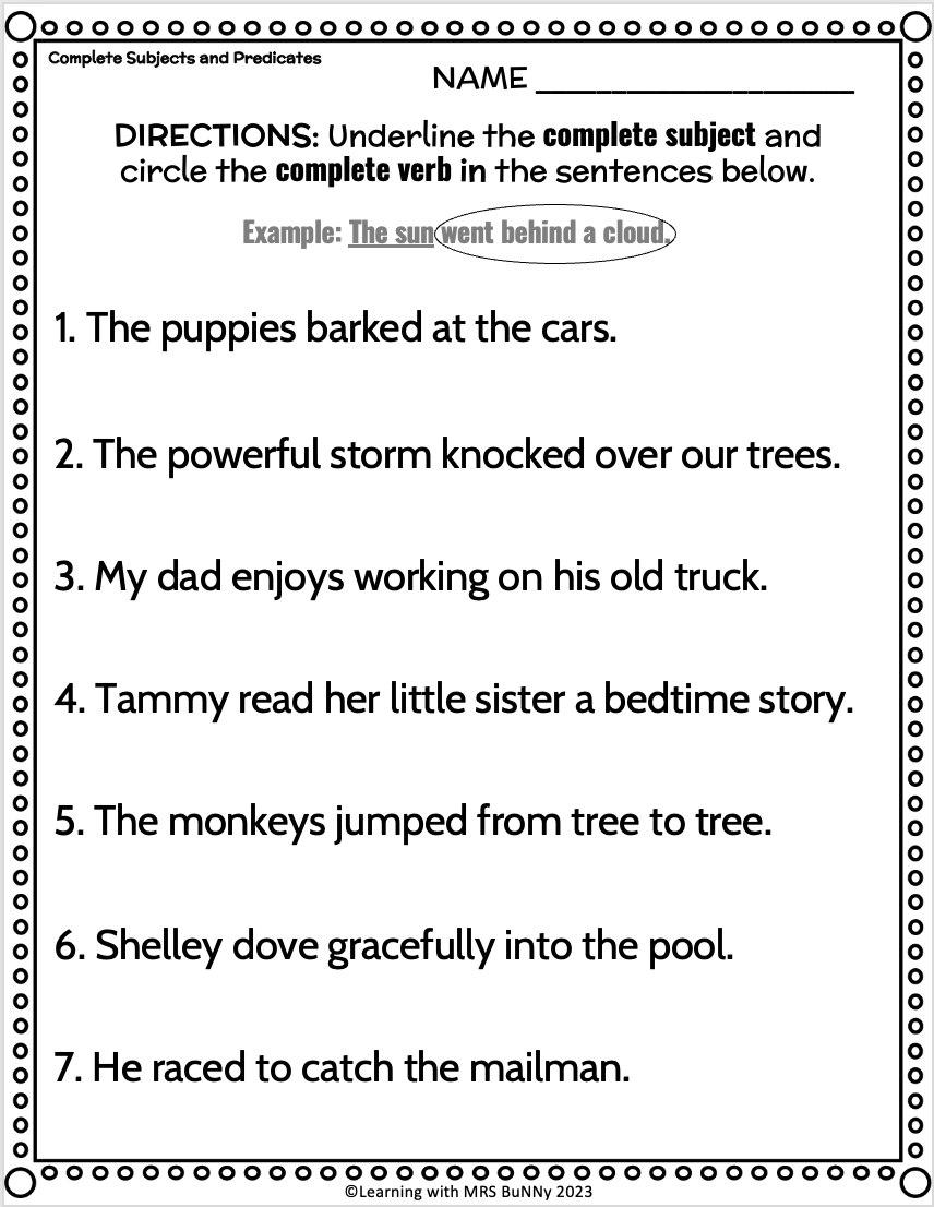 Simple Complete And Compound SUBJECTS AND PREDICATES Activities 