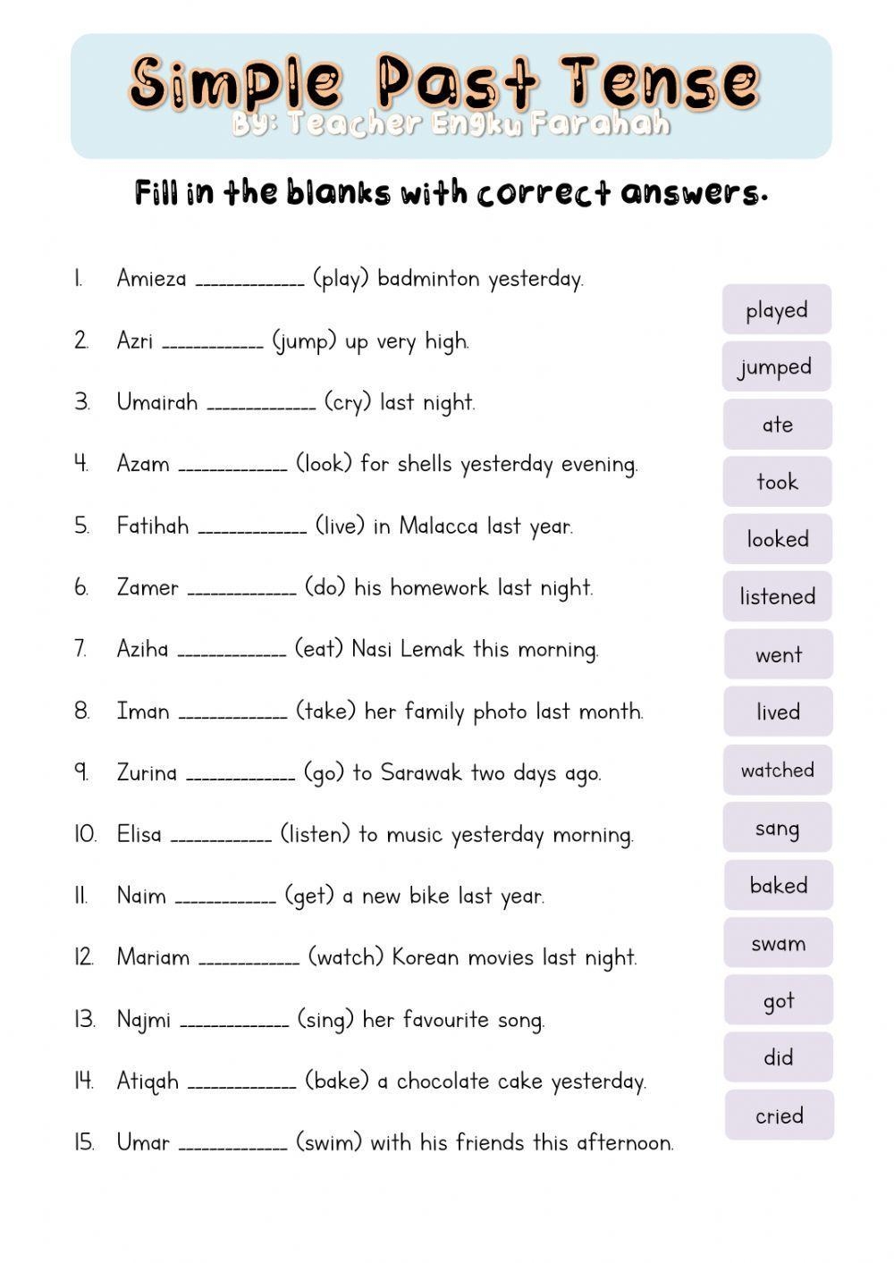 Simple Past Tense Online Pdf Exercise For Year 3 Live Worksheets 