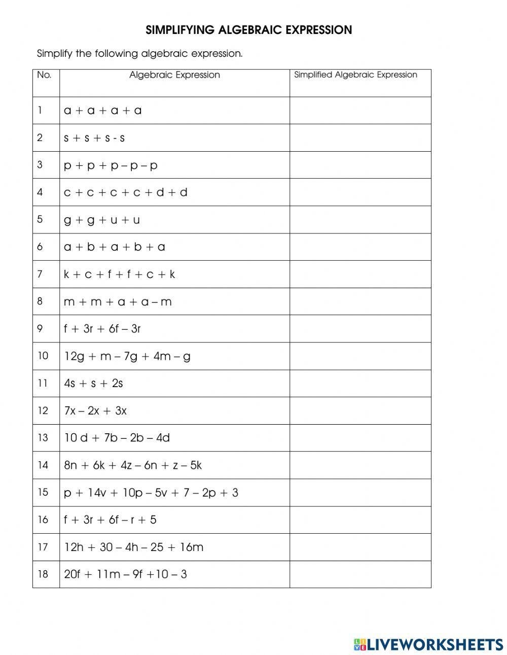 Simplifying Algebraic Expressions Independent Practice Worksheet