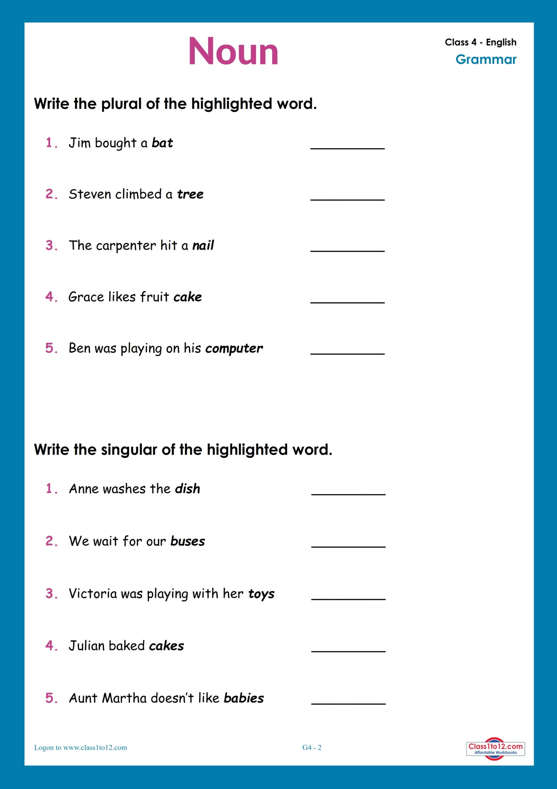 Singular Plural Worksheet For Class 4 Class1to12