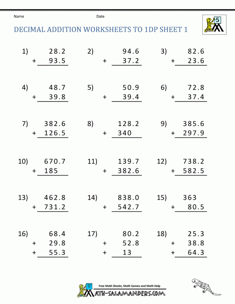 Sixth Grade Adding Decimals Worksheet Decimalworksheets
