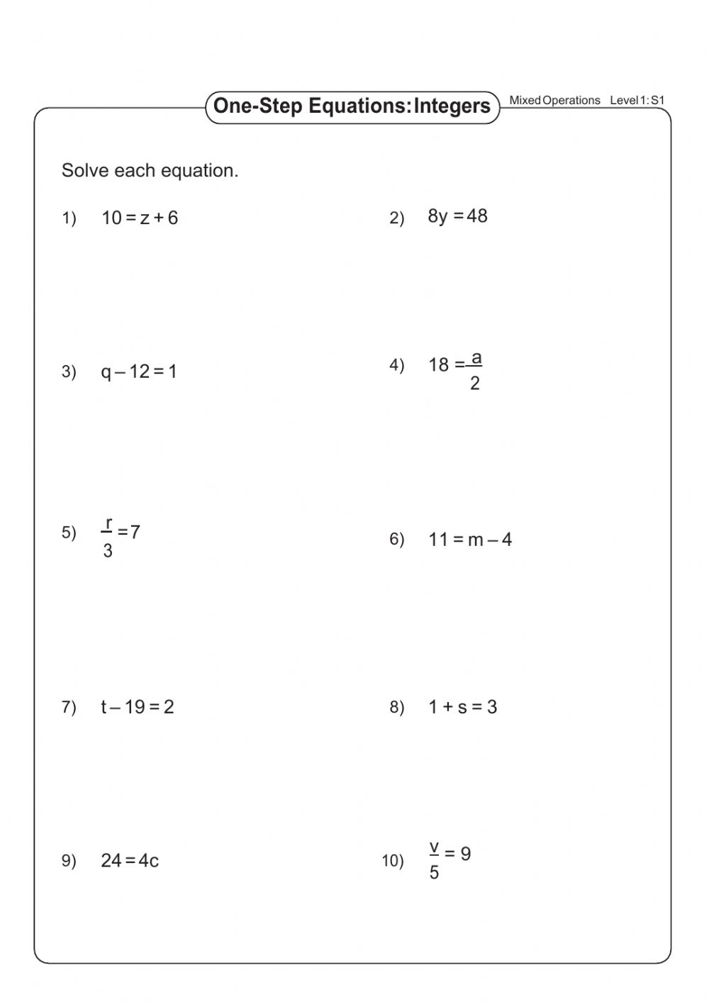 Solving Equations One Step Worksheet Equations Worksheets