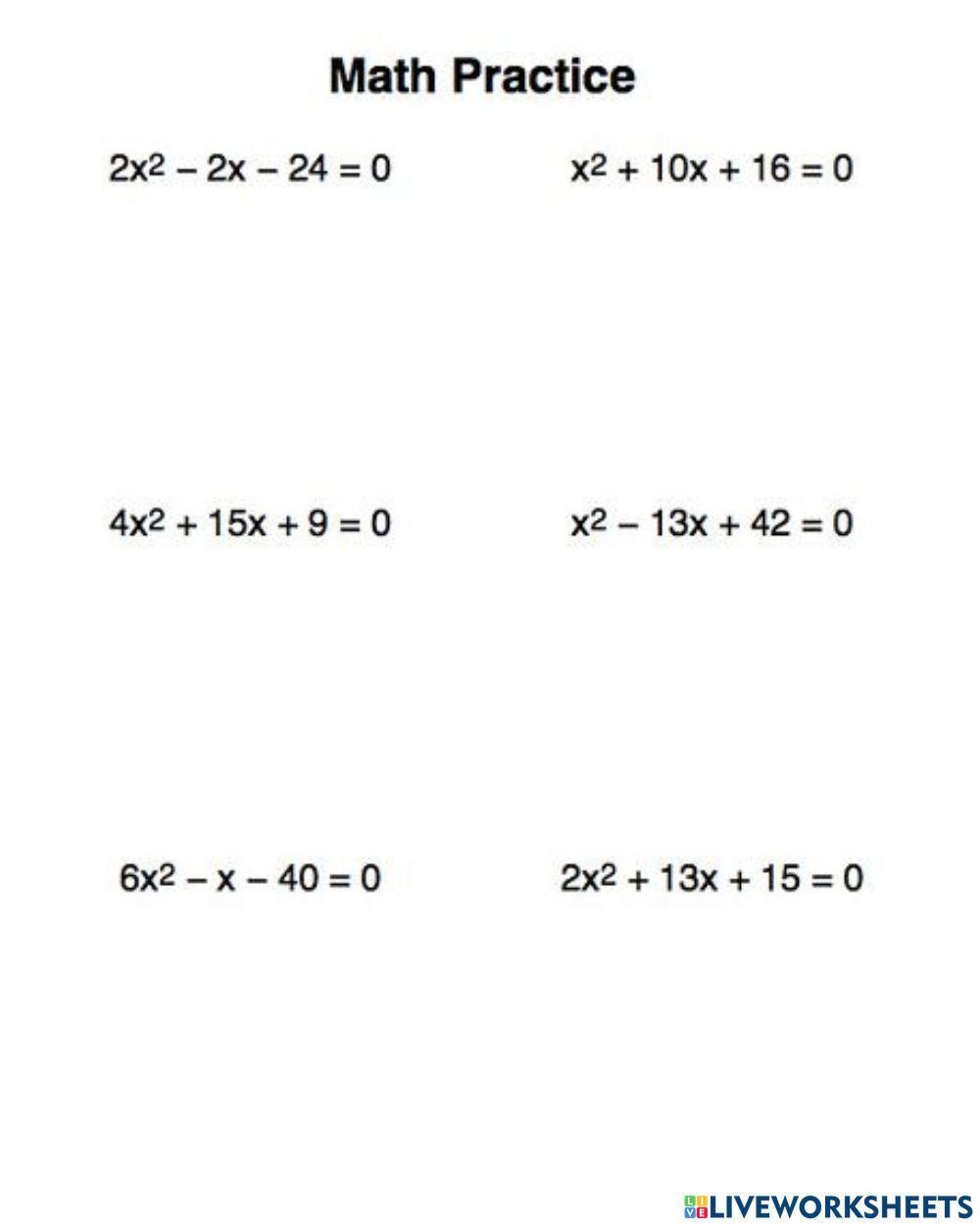 Solving Quadratic Equations By Factoring Worksheet Live Worksheets 