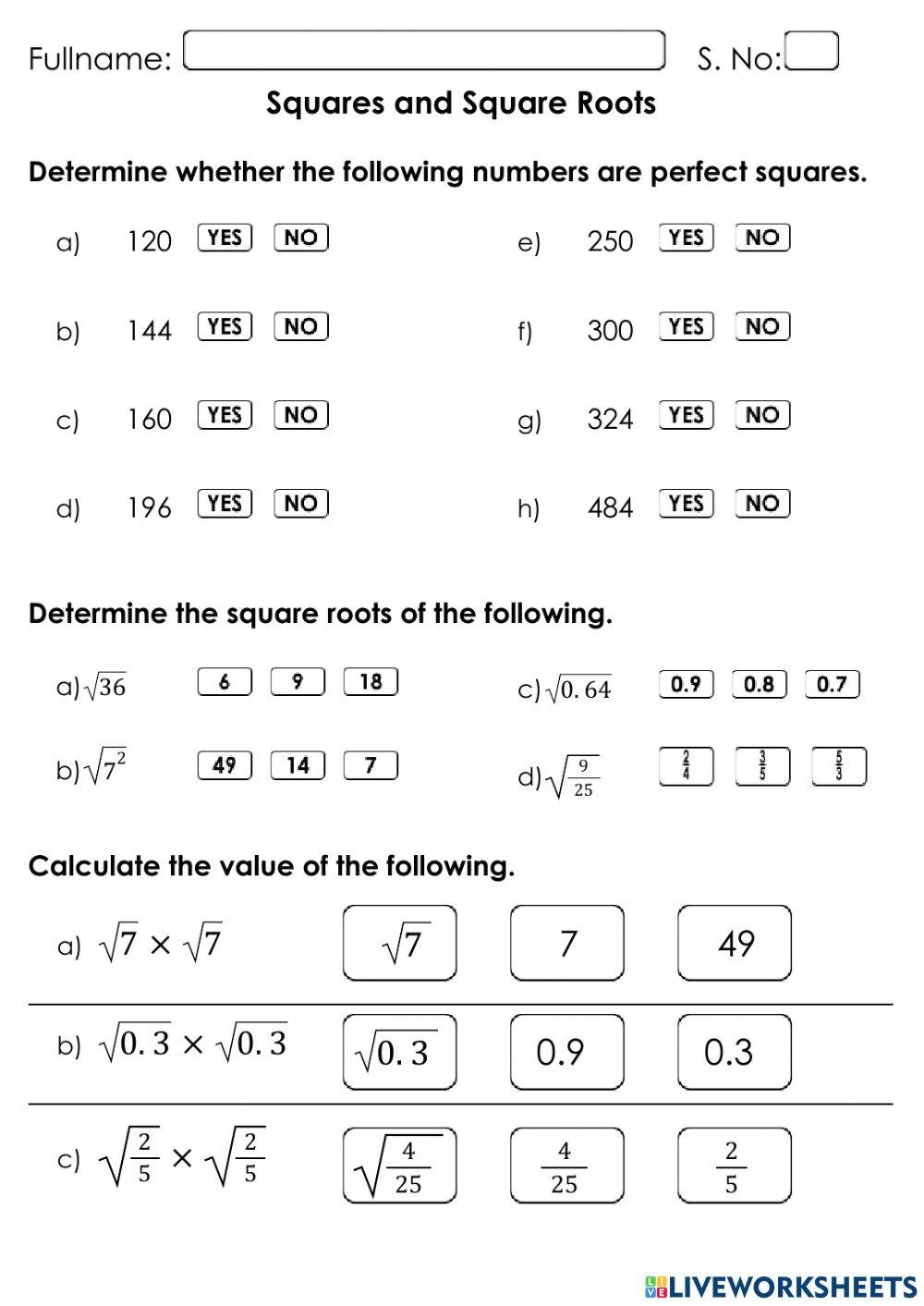 Square Roots Worksheet Live Worksheets Worksheets Library