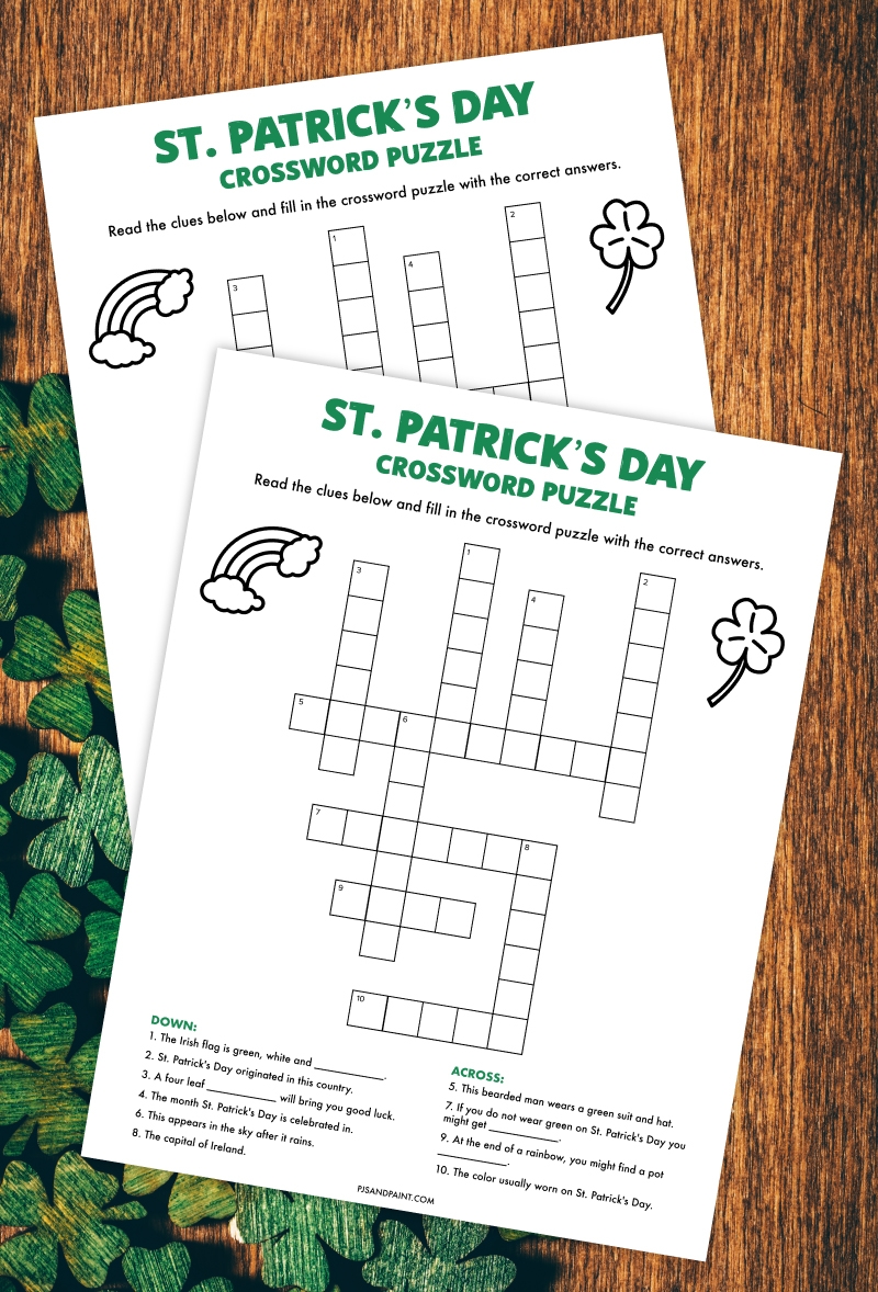 St Patrick 39 s Day Crossword Puzzle Free Printable Game Pjs And Paint
