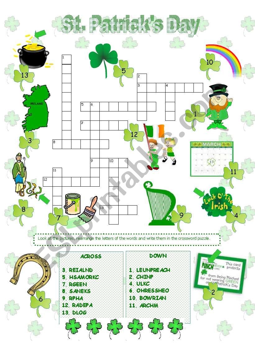 St Patrick 39 s Day Crossword Puzzle Printable Printable Crossword Puzzles