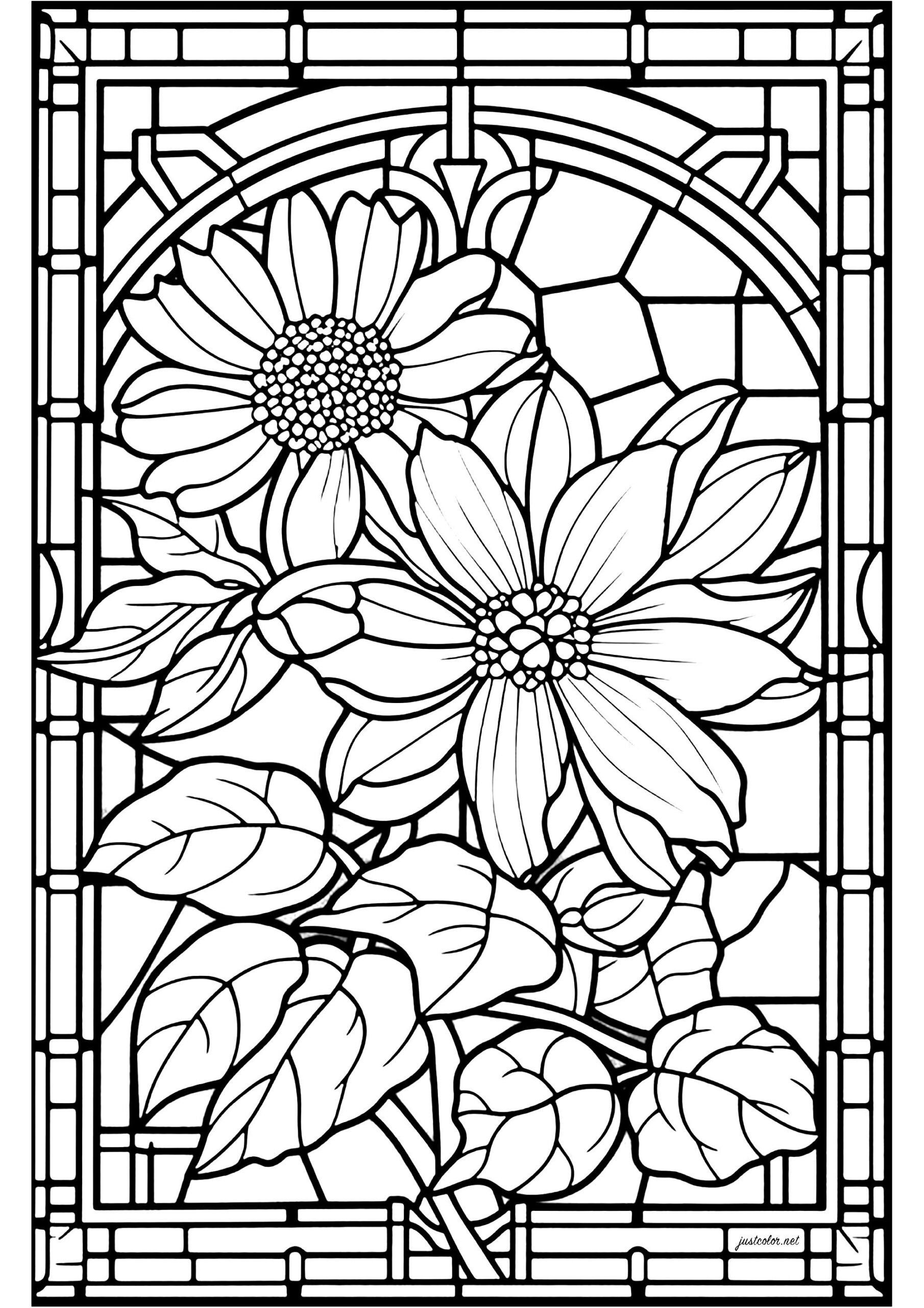 Stained Glass Flower 1 Stained Glass Coloring Pages For Adults
