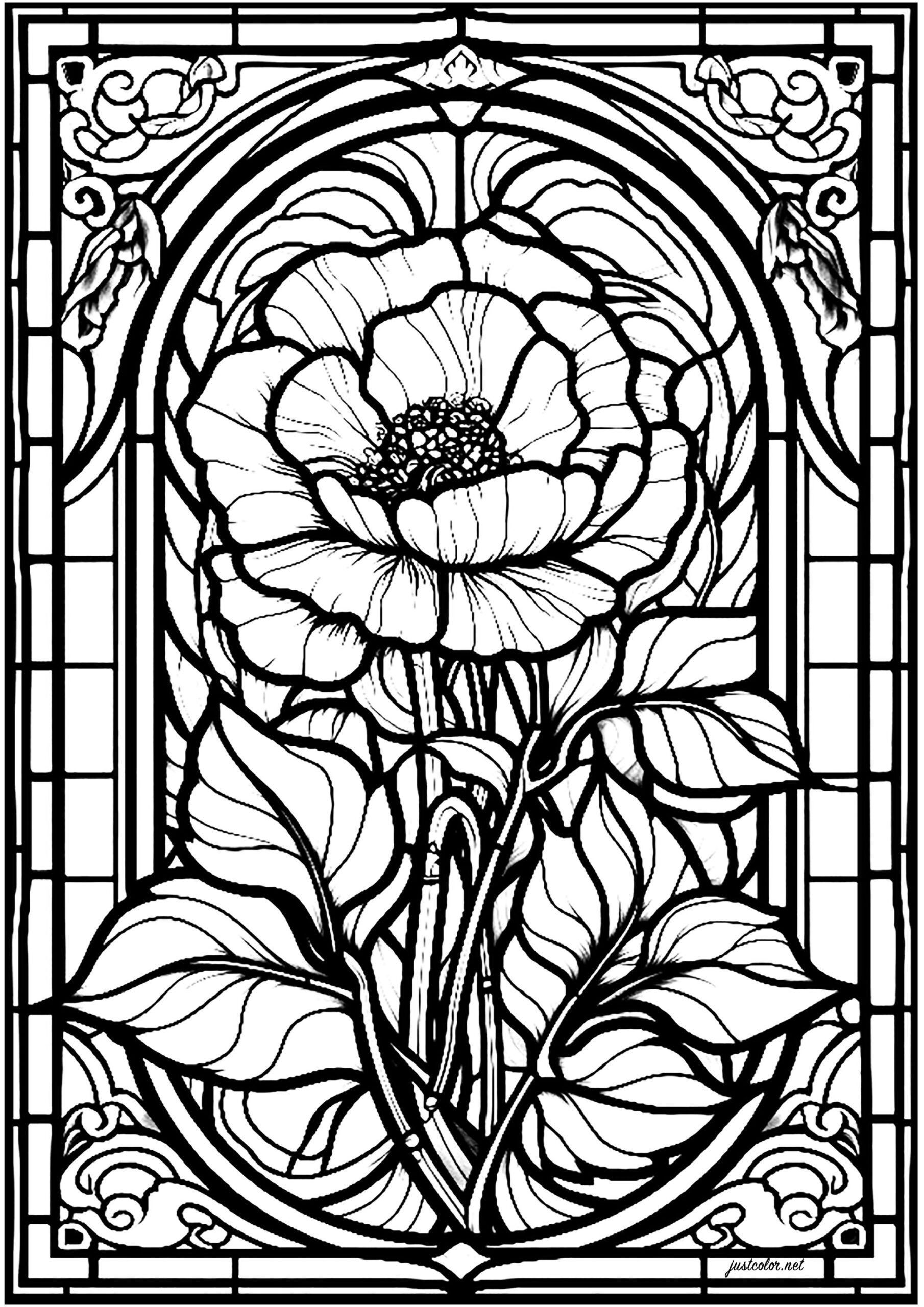 Stained Glass Flower 2 Stained Glass Coloring Pages For Adults