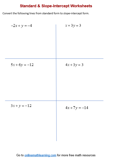Standard Slope Intercept Forms Worksheets printable Online 