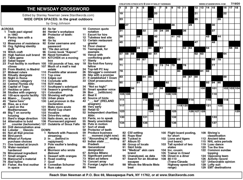 Stanley Newman Sunday Crossword Printable