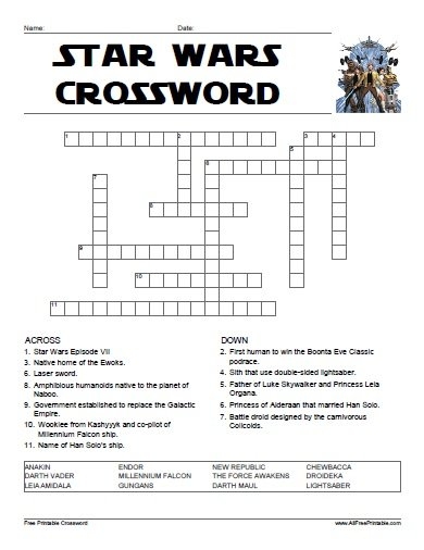 Star Wars Crossword Free Printable