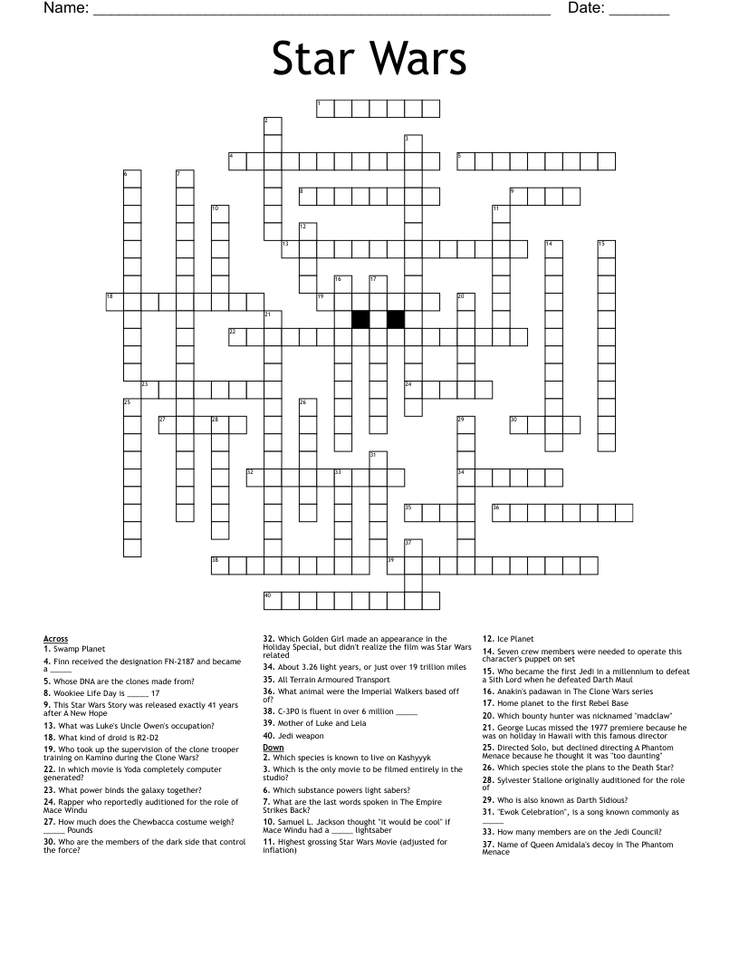 Star Wars Crossword Puzzle Printable Printable Word Searches