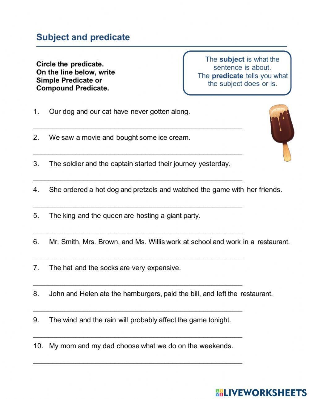 Subject And Predicate Online Exercise For Grade 5 Live Worksheets 