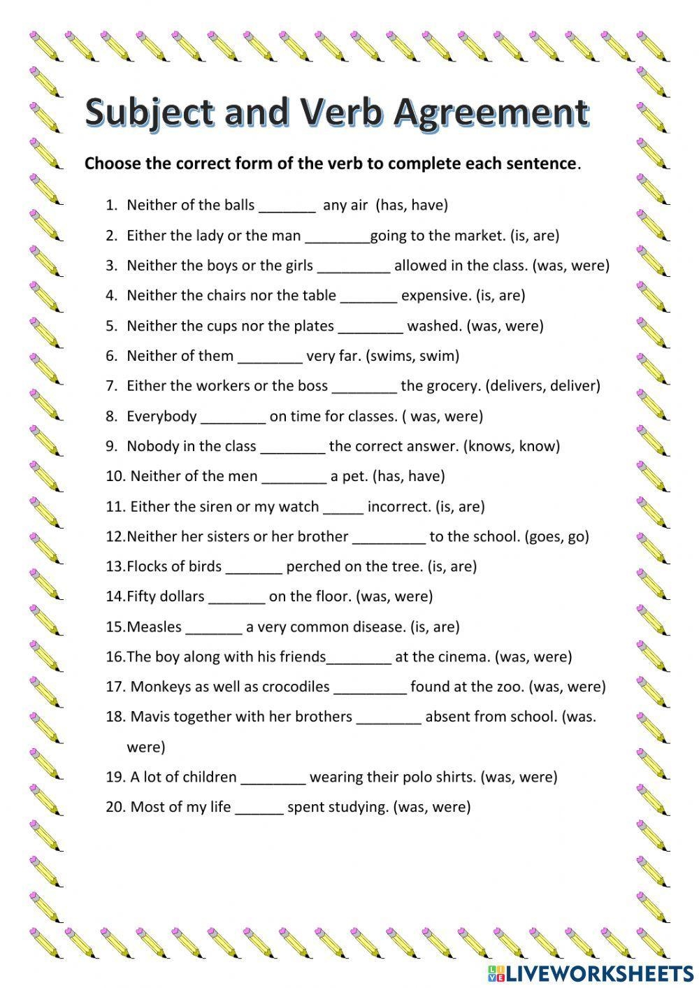 Subject Verb Agreement Online Worksheet For 6 Live Worksheets 