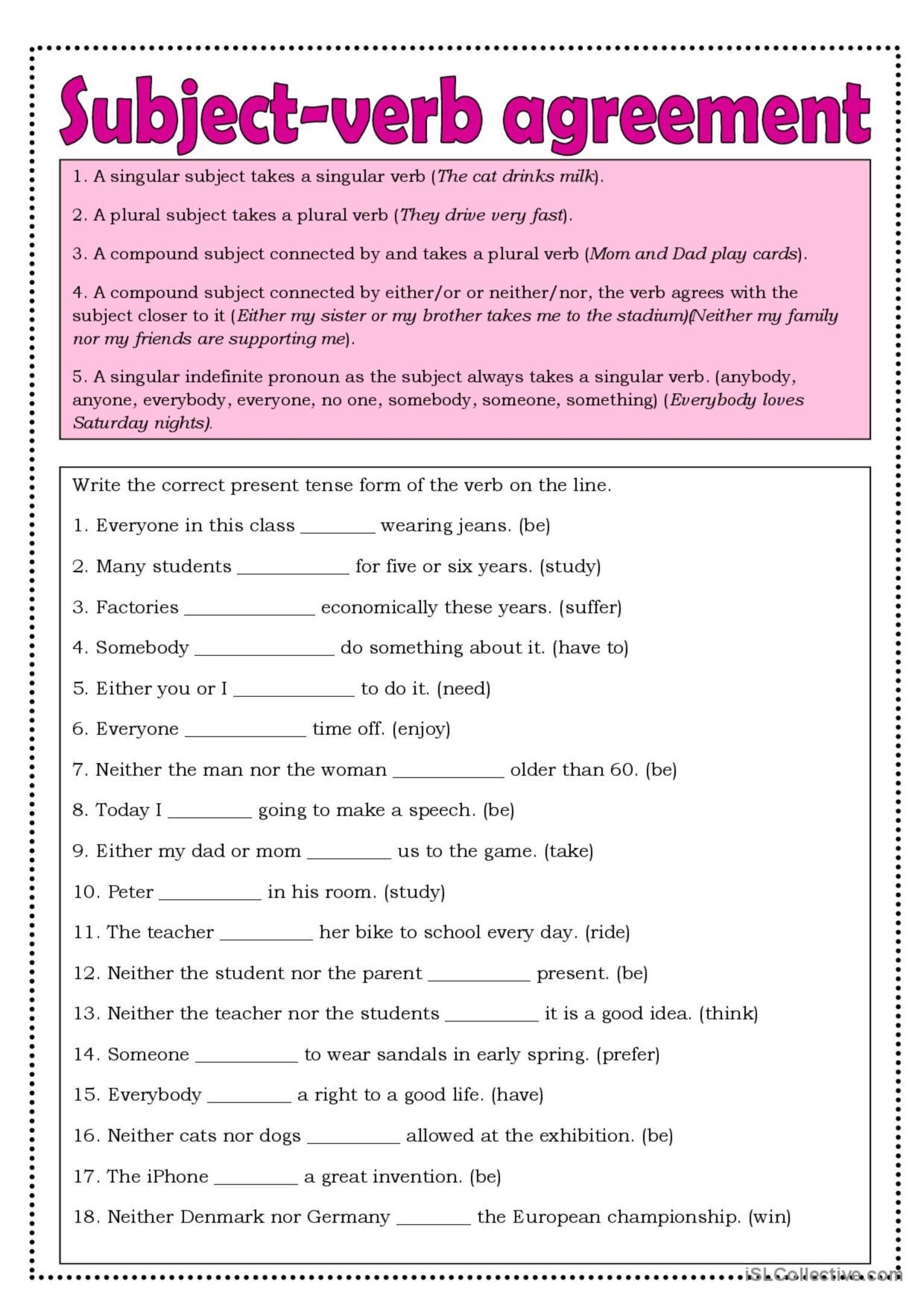 Subject verb Agreement Worksheet In English ESL