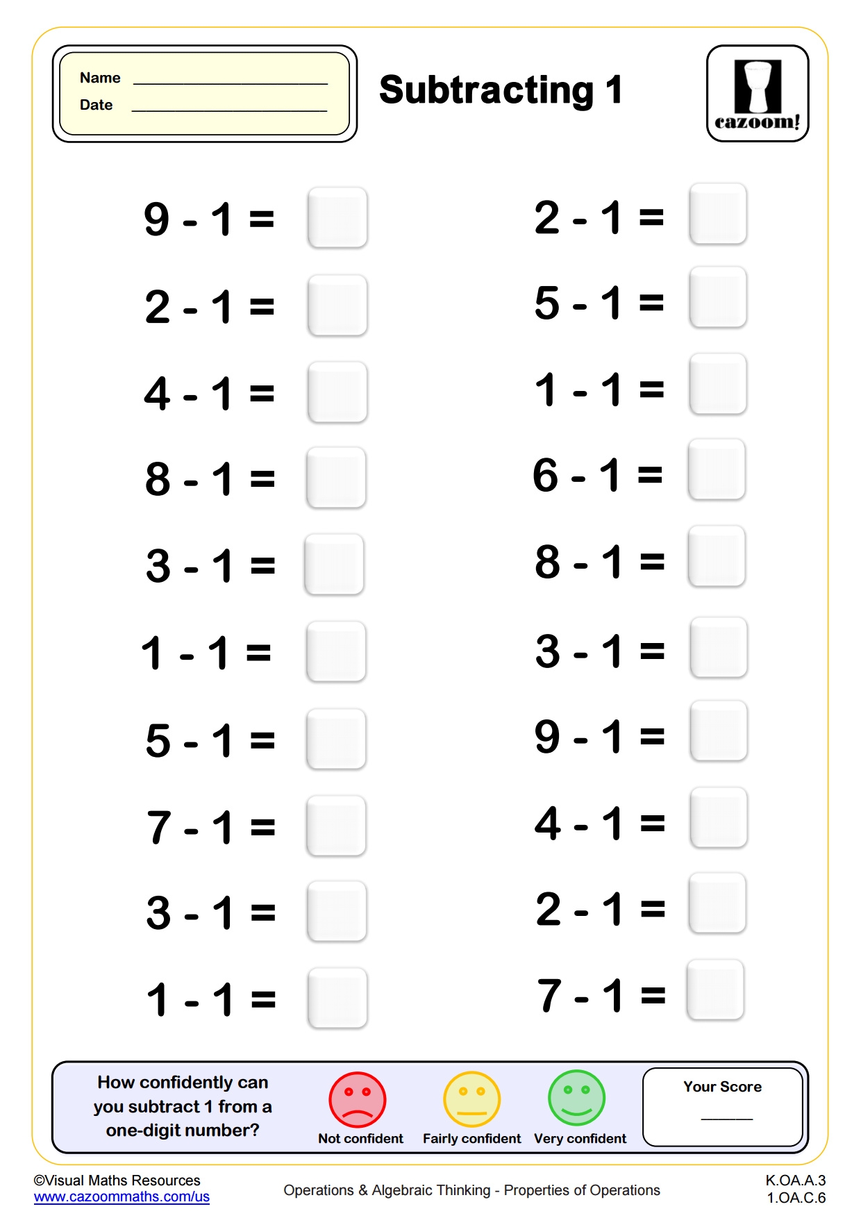 Subtracting 1 20 Questions Fun And Engaging K Grade PDF Worksheets 