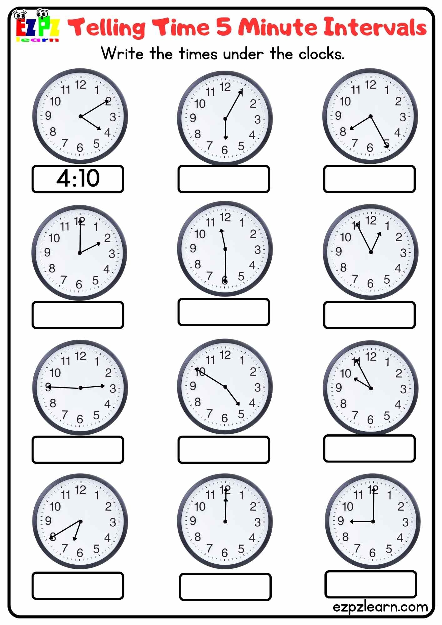 Telling Time 5 Minute Intervals Write The Times For Homeschool 