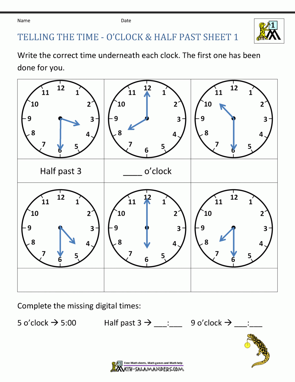 Telling Time Worksheets O 39 clock And Half Past