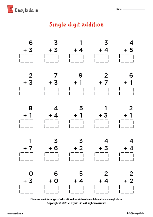 The 25 Single Digit Addition Questions With No Regrouping A Math 