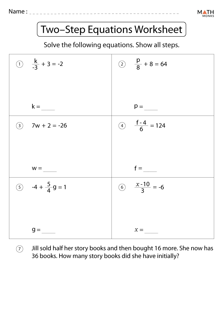 Two Step Equations Worksheets Math Monks