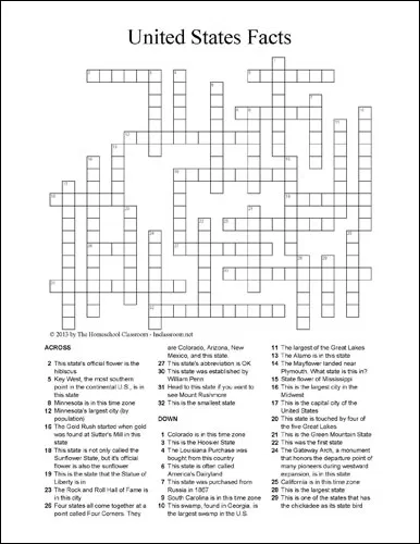 U S State Facts Crossword Puzzle Free Social Studies And Geography 