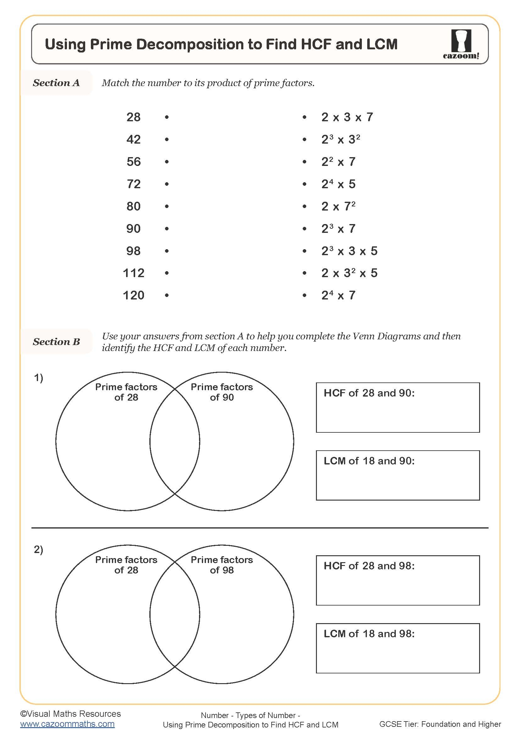 Using Prime Decomposition To Find HCF And LCM A Worksheet 