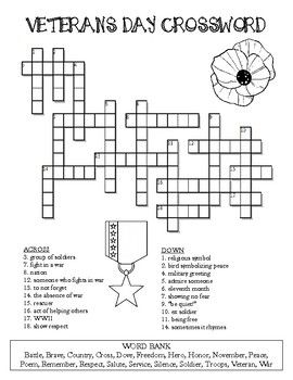 Veterans Day Crossword Puzzle Color And BW Versions Crossword 